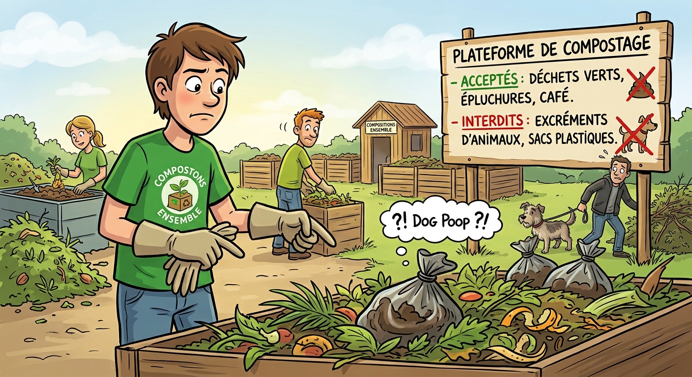 Dessin humoristique : un bénévole de Compostons Ensemble découvre, interloqué, des sacs de crottes de chien au milieu du compost, juste sous le panneau qui les interdit