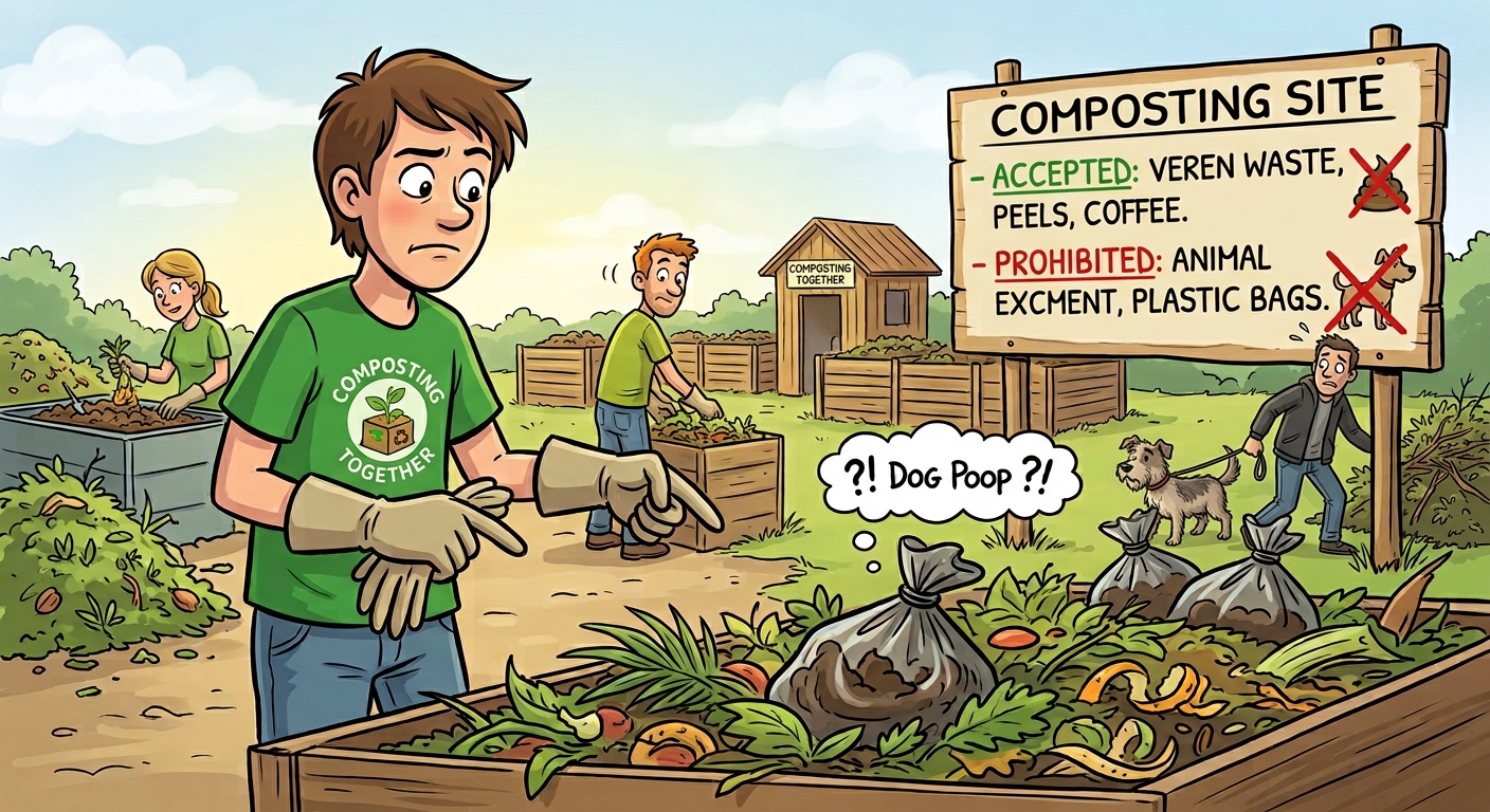 Cartoon: a Compostons Ensemble volunteer stares in disbelief at bags of dog poo lying in the compost, right below the sign that forbids them