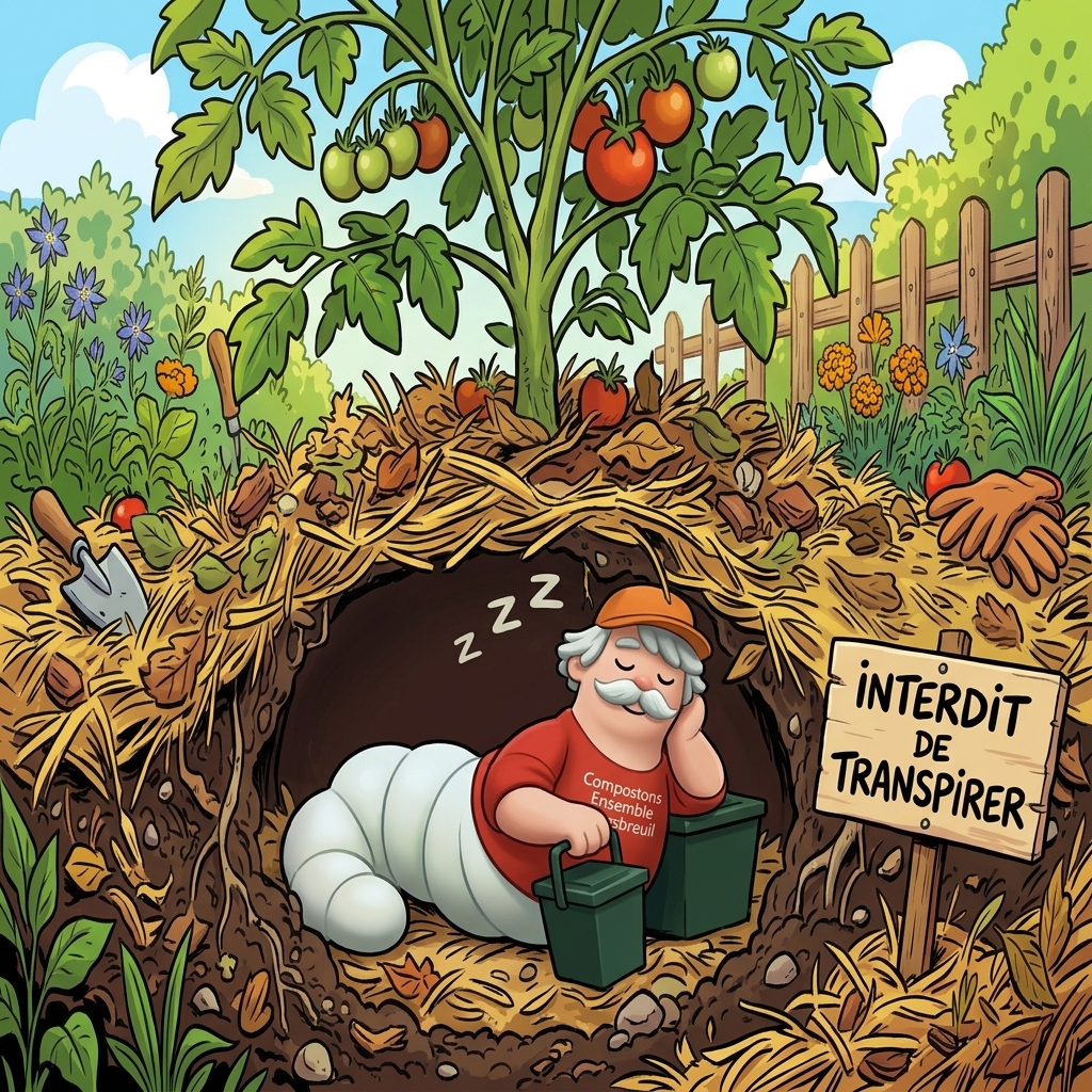 Drawing: Hector, the Compostons Ensemble earthworm mascot, with his orange cap, moustache and red T-shirt, napping with his compost caddies in a cool burrow under thick mulch at the foot of a tomato plant, next to a sign reading 'Interdit de transpirer' (No sweating allowed)