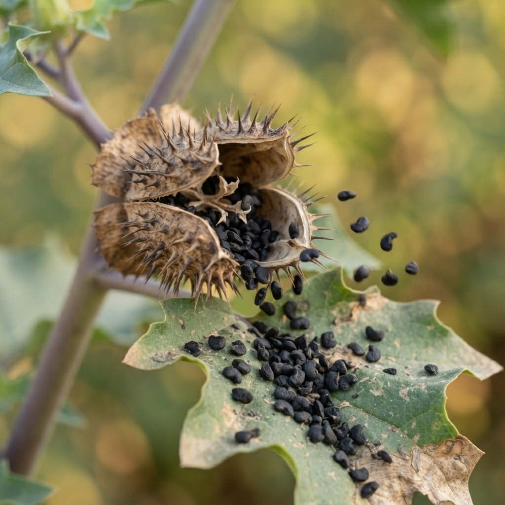 Black datura seeds in an open capsule