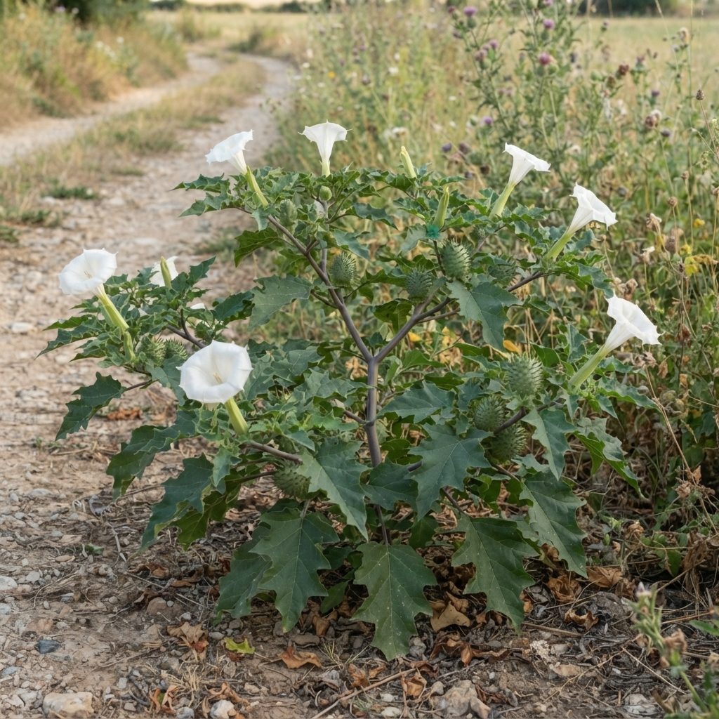 Whole thorn apple plant with flowers and fruit